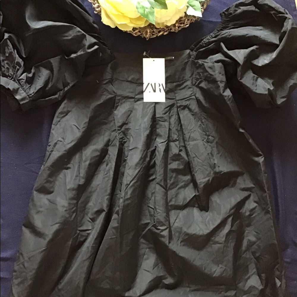 Zara Black Taffeta Puff-Sleeve Midi Dress - Picture 4 of 8